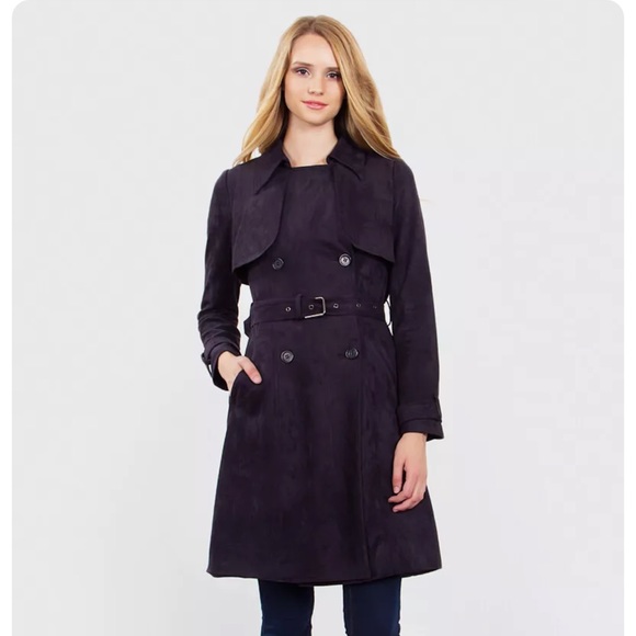SugarLips faux suede navy trench coat - Picture 3 of 8